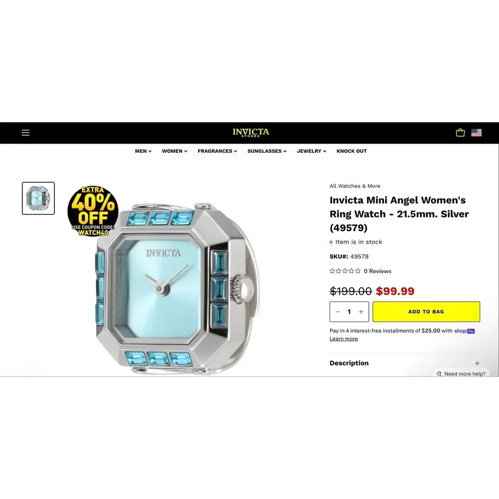 Invicta Mini Angel Women's Ring Watch - 21.5mm. Silver (49579)